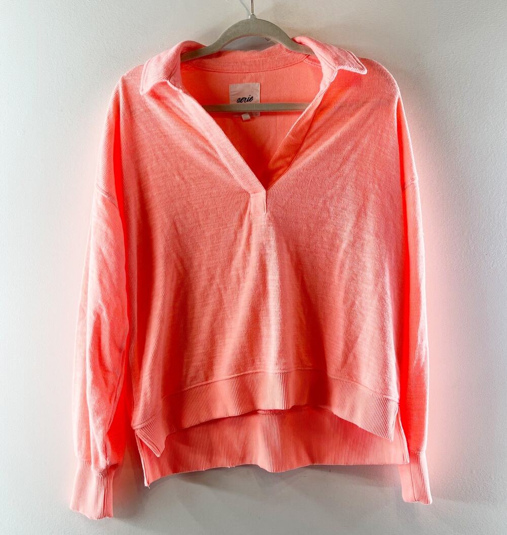 Aerie Polo Long Sleeve Oversized Pullover Top Shirt Coral Pink XS